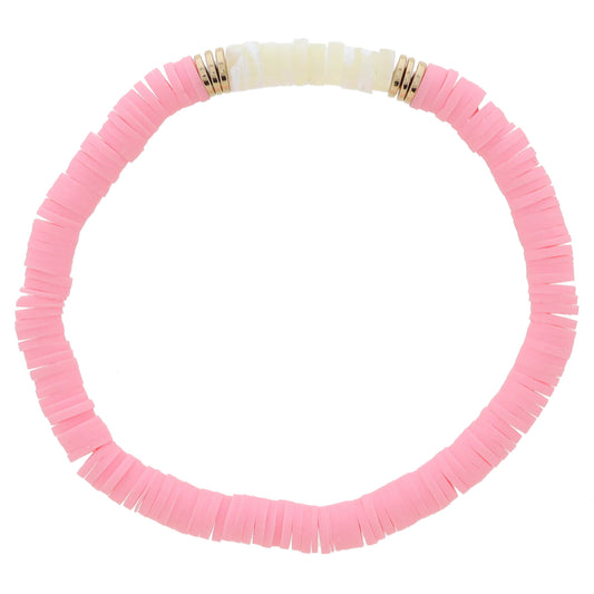 Pink Rubber Sequin Beaded with Cylinder Shell Beads and Gold Sequin Portion Bracelet, 7.5" Around