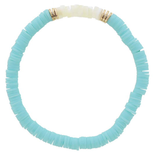 Mint Rubber Sequin Beaded with Cylinder Shell Beads and Gold Sequin Portion Bracelet, 7.5" Around