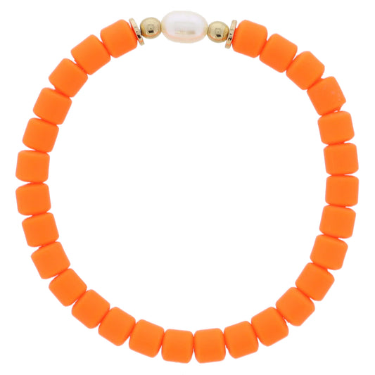 Orange Rubber Cylinder Beaded with Pearl and Gold Bead Accents Bracelet, 7.5" Around