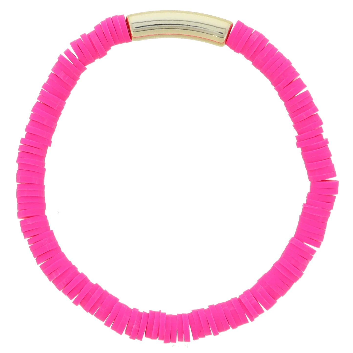 Hot Pink Rubber Sequin Beaded with Tubular Gold Bar Bracelet, 7.5" Around