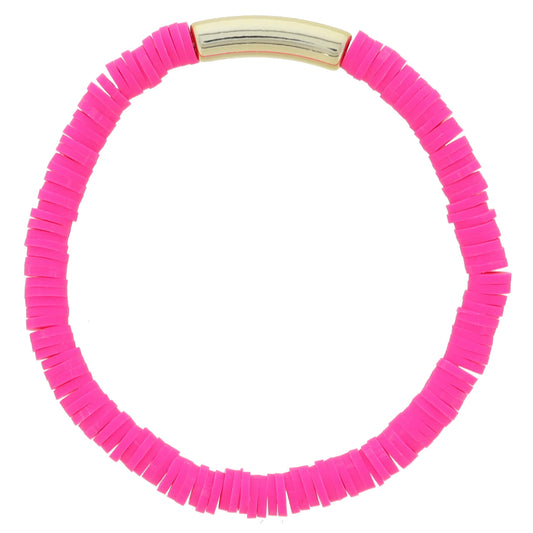 Hot Pink Rubber Sequin Beaded with Tubular Gold Bar Bracelet, 7.5" Around