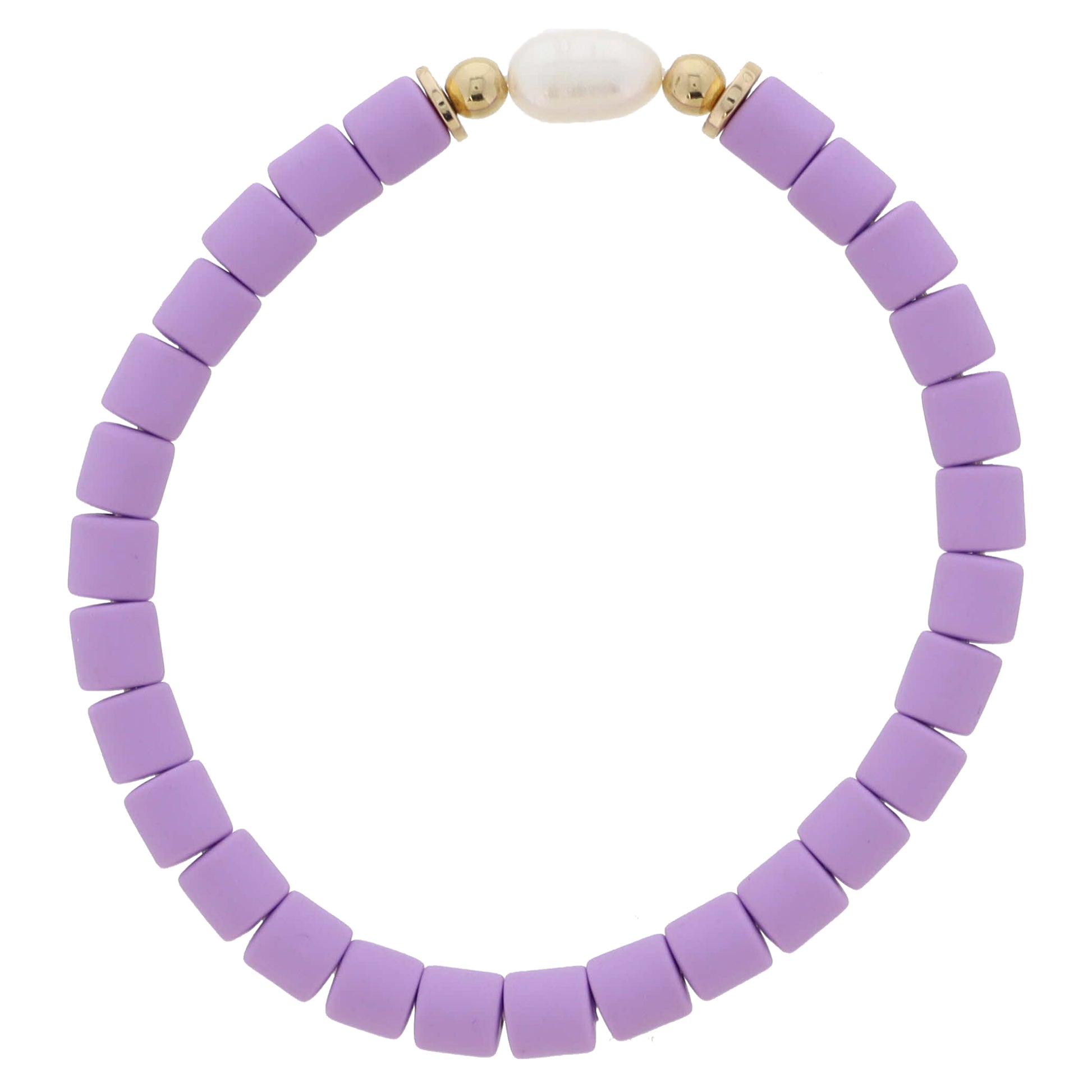Lavender Rubber Cylinder Beaded with Pearl and Gold Bead Accents Bracelet, 7.5" Around