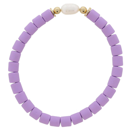 Lavender Rubber Cylinder Beaded with Pearl and Gold Bead Accents Bracelet, 7.5" Around