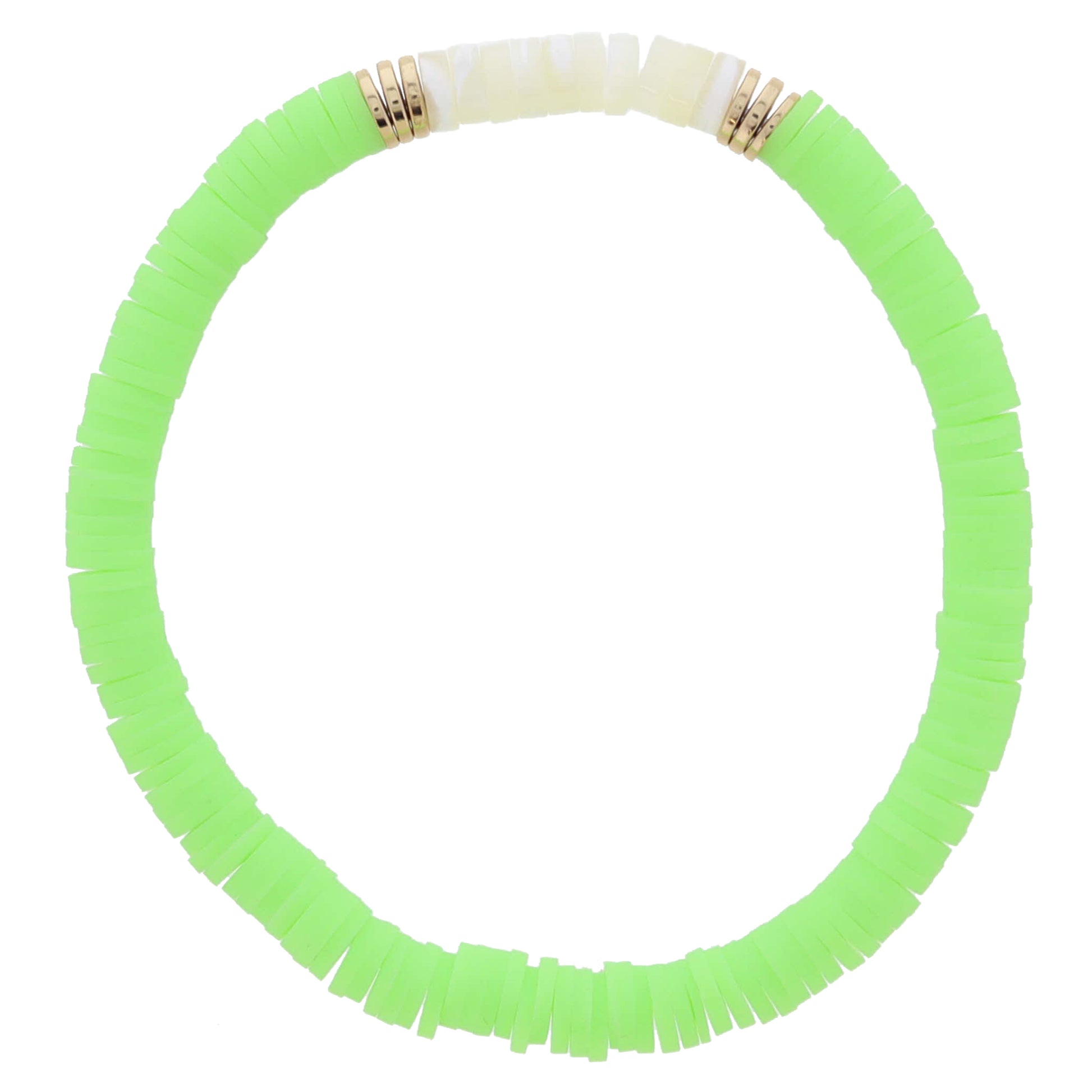 Lime Rubber Sequin Beaded with Cylinder Shell Beads and Gold Sequin Portion Bracelet, 7.5" Around