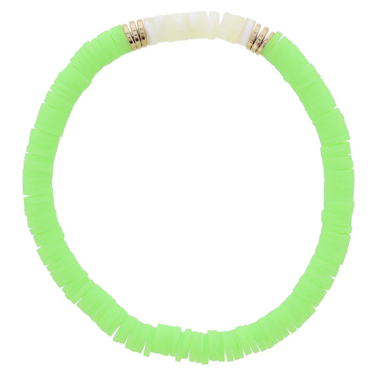 Lime Rubber Sequin Beaded with Cylinder Shell Beads and Gold Sequin Portion Bracelet, 7.5" Around