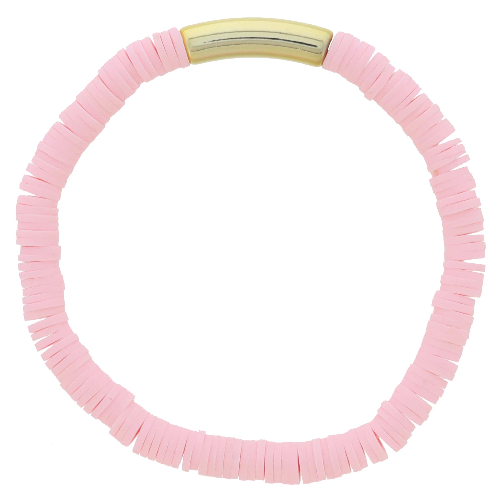 Light Pink Rubber Sequin Beaded with Tubular Gold Bar Bracelet, 7.5" Around