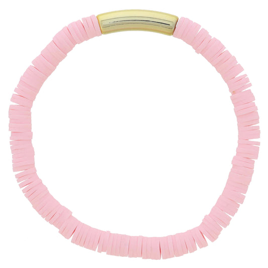 Light Pink Rubber Sequin Beaded with Tubular Gold Bar Bracelet, 7.5" Around
