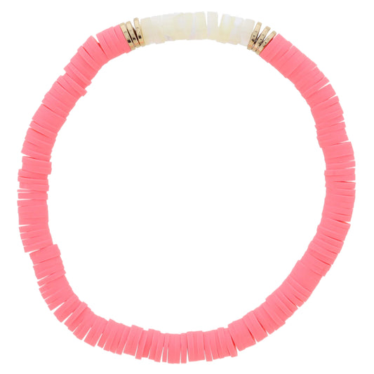 Coral Rubber Sequin Beaded with Cylinder Shell Beads and Gold Sequin Portion Bracelet, 7.5" Around