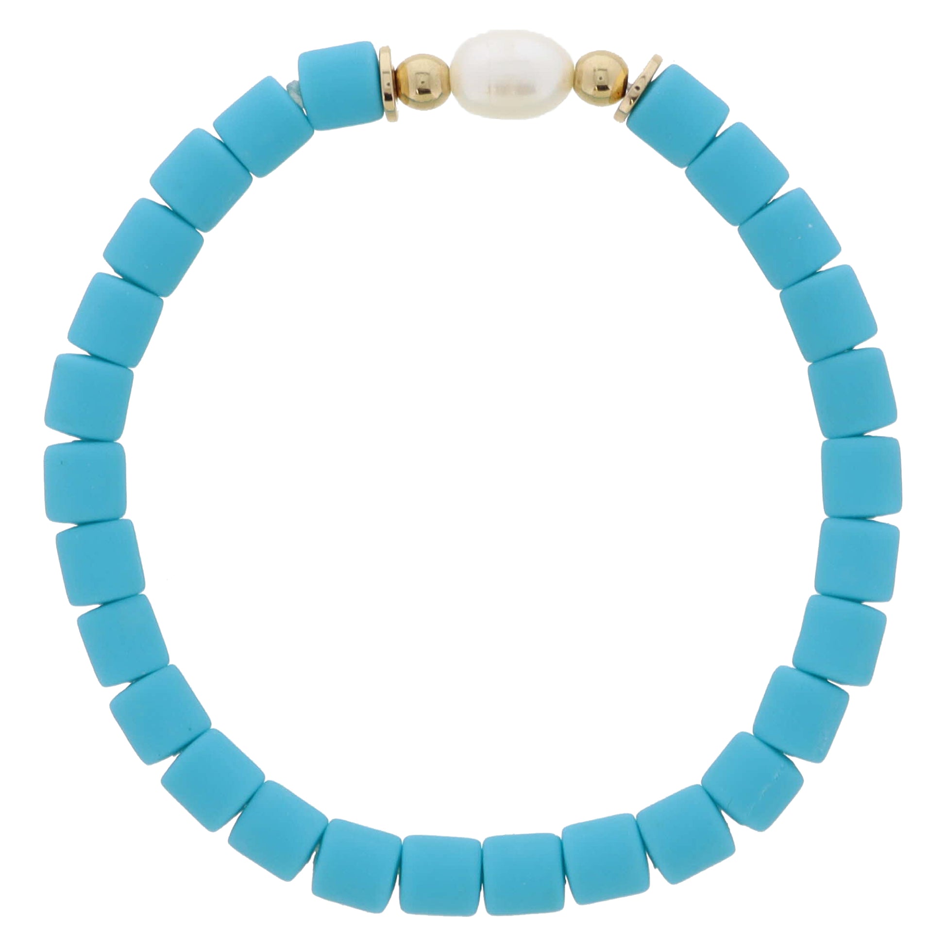 Teal Rubber Cylinder Beaded with Pearl and Gold Bead Accents Bracelet, 7.5" Around