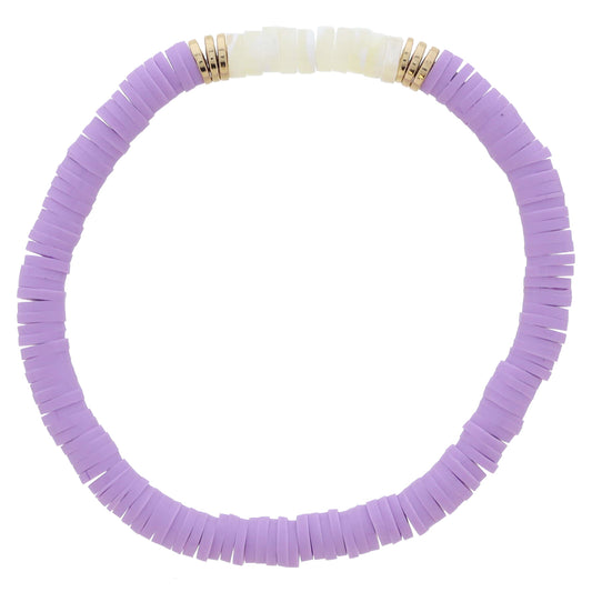 Lavender Rubber Sequin Beaded with Cylinder Shell Beads & Gold Sequin Portion Bracelet, 7.5" Around