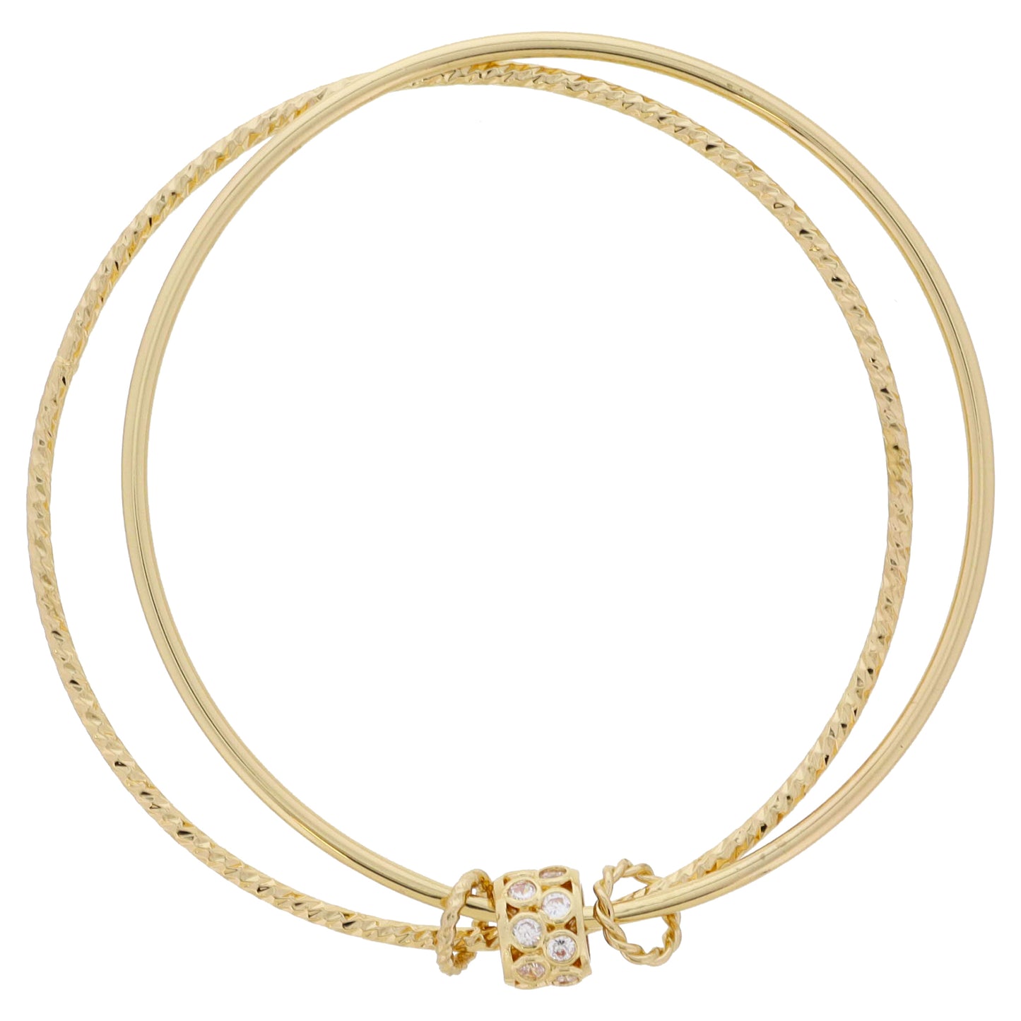 Circle Crystal Gold Rondel & Rings on Gold Textured Bangle & Smooth Bangle Bracelet, 9" Around