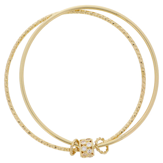 Circle Crystal Gold Rondel & Rings on Gold Textured Bangle & Smooth Bangle Bracelet, 9" Around
