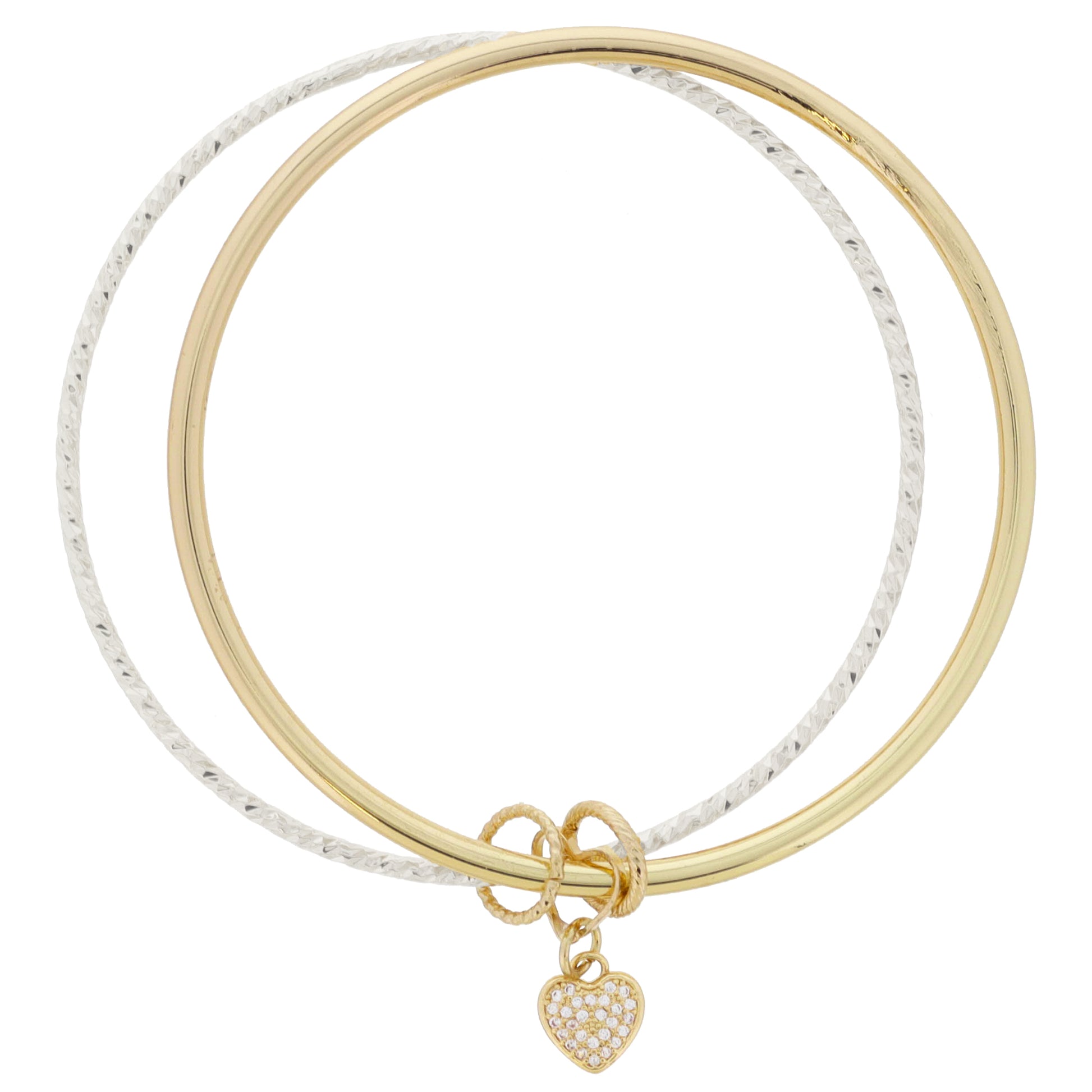 Gold Heart Ring, Crystal Heart & Rings on Gold Bangle & Silver Textured Bangle Bracelet, 9" Around