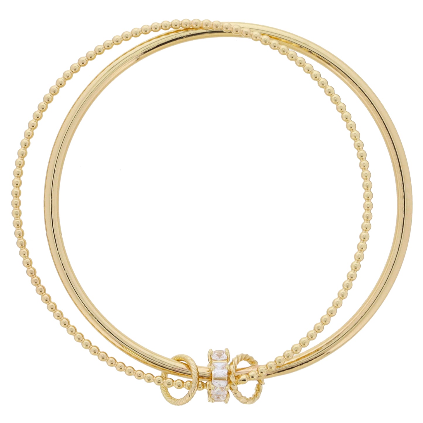 Square Crystal Rondel & Gold Textured Rings on Gold Ball Bangle & Smooth Bangle Bracelet, 9" Around