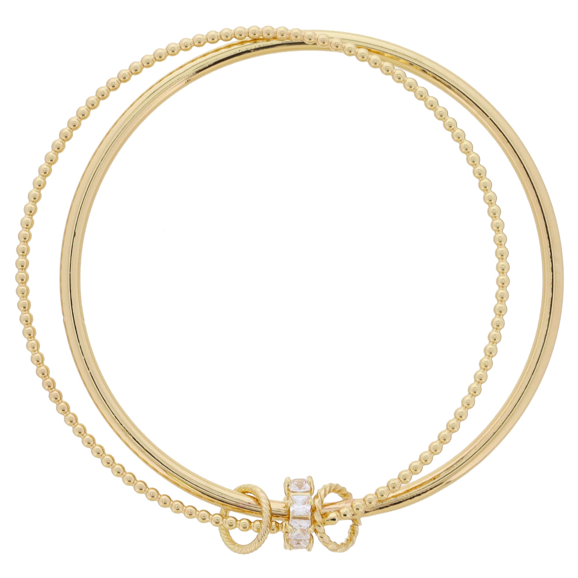 Square Crystal Rondel & Gold Textured Rings on Gold Ball Bangle & Smooth Bangle Bracelet, 9" Around
