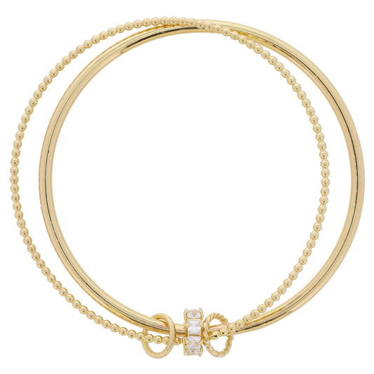 Square Crystal Rondel & Gold Textured Rings on Gold Ball Bangle & Smooth Bangle Bracelet, 9" Around