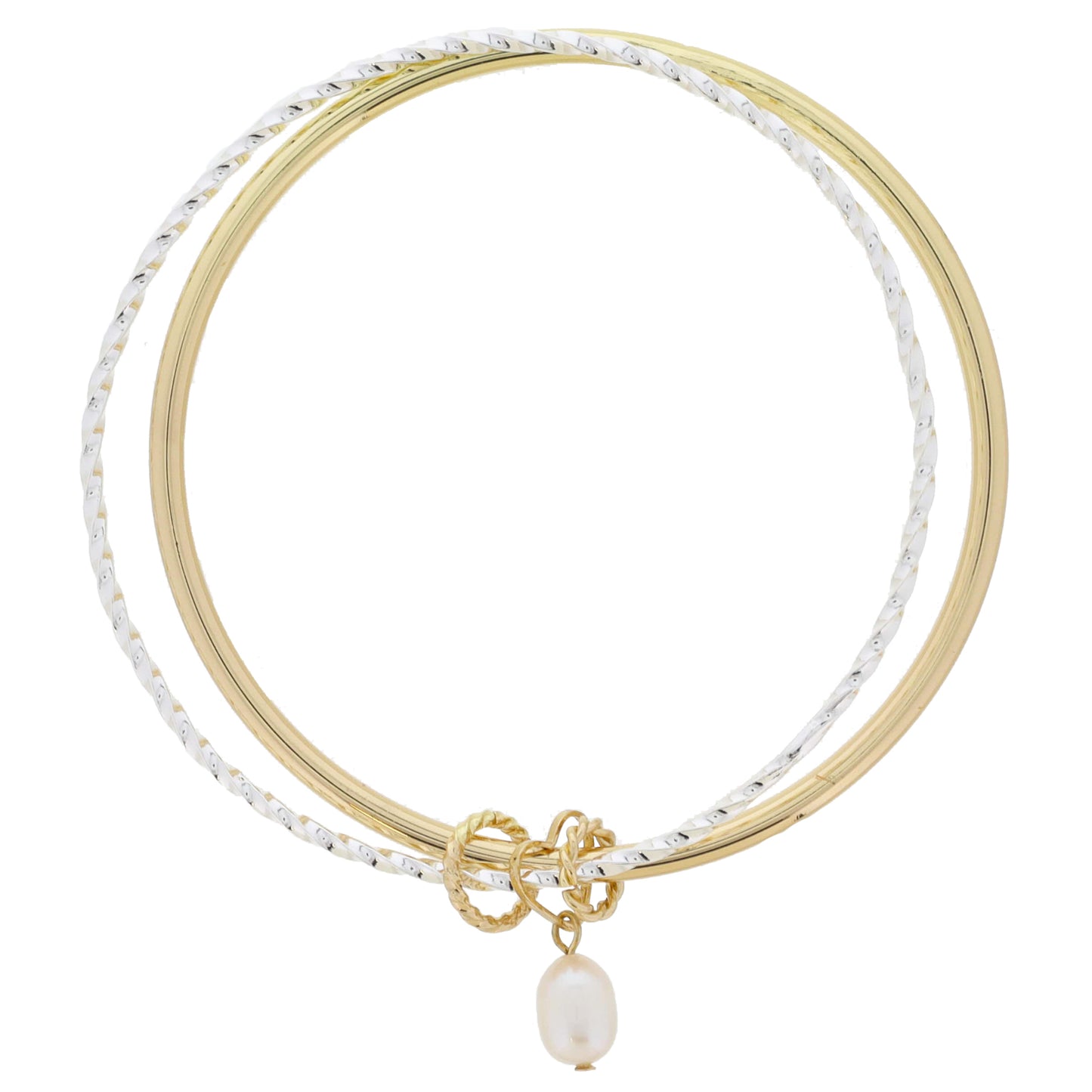 Gold Heart Ring with Pearl & Rings on Silver Twist Bangle & Smooth Gold Bangle Bracelet, 9" Around