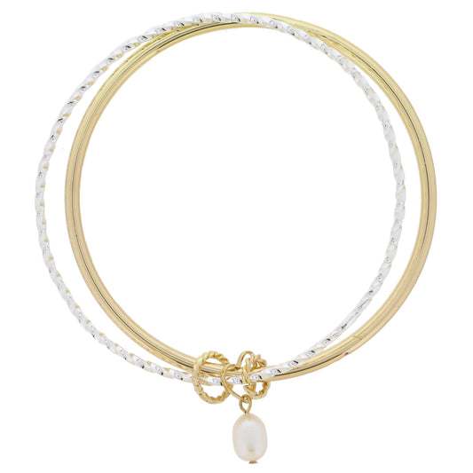 Gold Heart Ring with Pearl & Rings on Silver Twist Bangle & Smooth Gold Bangle Bracelet, 9" Around