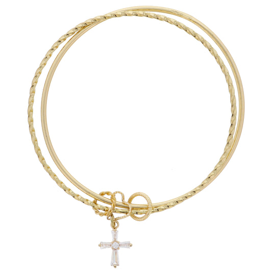 Gold Heart with Crystal Cross & Textured Rings on Gold Twist Bangle & Bangles Bracelet, 9" Around