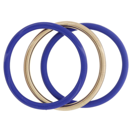 Set of 3, Royal Blue and Gold Stretchy Bangles Bracelet, 8" Around