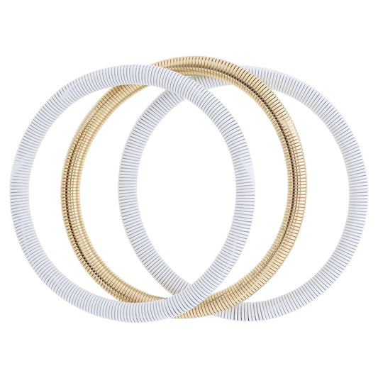 Set of 3, White and Gold Stretchy Bangles Bracelet, 8" Around