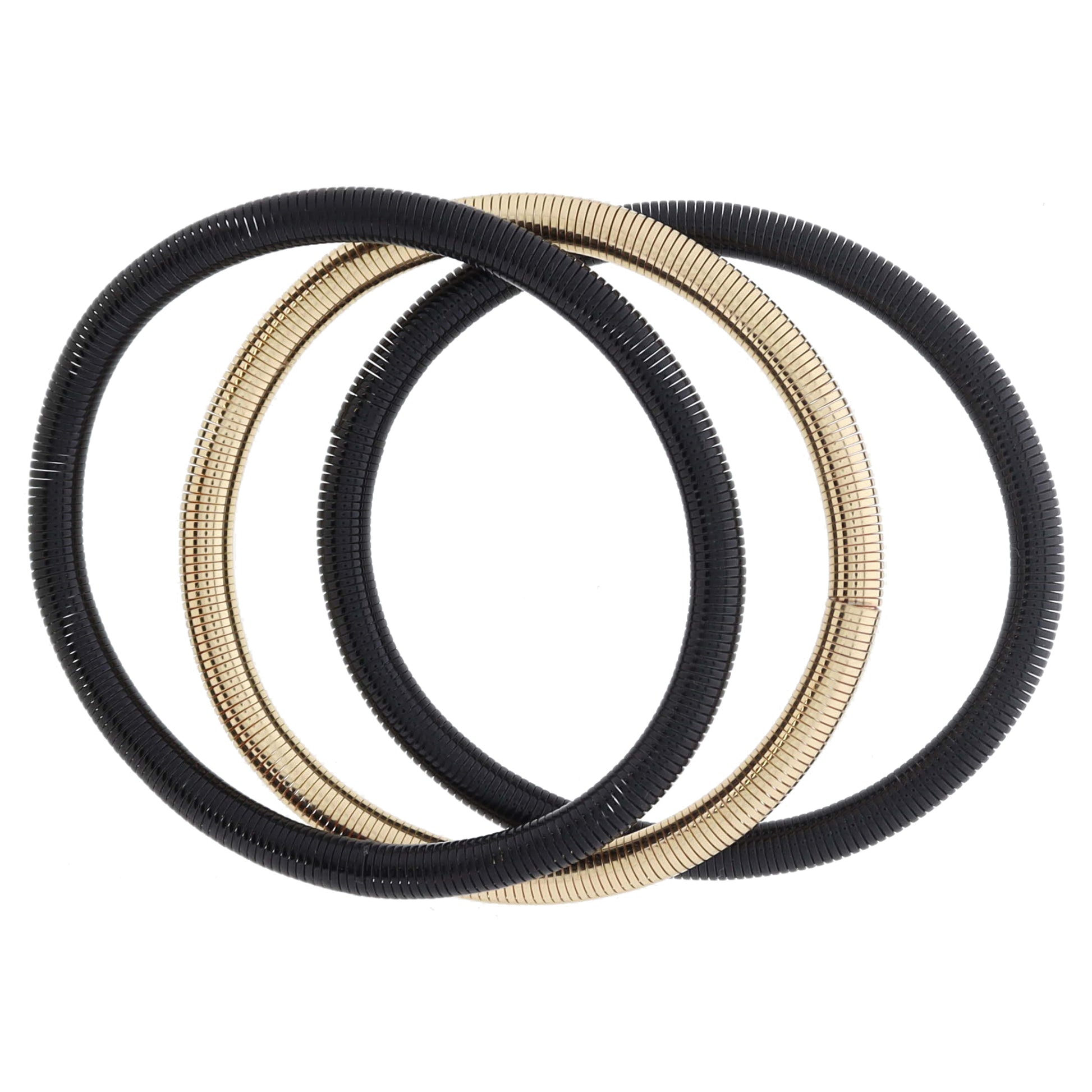 Set of 3, Black and Gold Stretchy Bangles Bracelet, 8" Around
