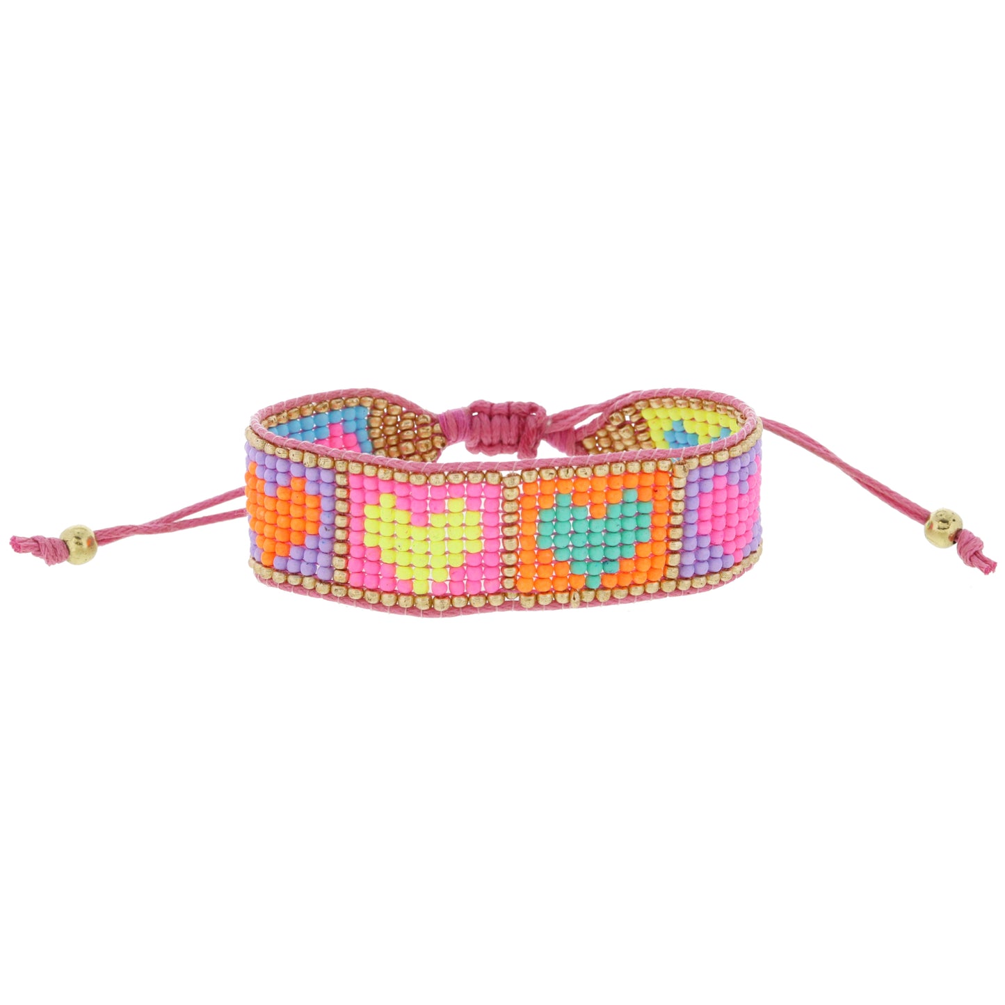 Multi Colorblock Heart Squares with Gold Woven Beaded Band Bracelet, .75" Wide