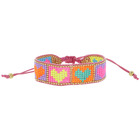 Multi Colorblock Heart Squares with Gold Woven Beaded Band Bracelet, .75" Wide