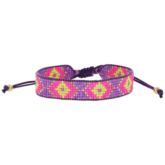 Purple, Hot Pink, Lime, Gold Woven Beaded Band Bracelet, .5" Wide