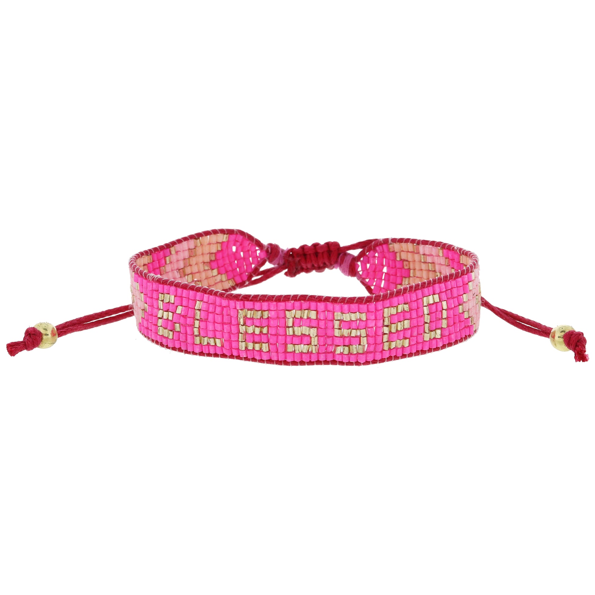 Hot Pink, Light Pink, Peachy Pink, Gold with "BLESSED" Woven Beaded Band Bracelet, .5" Wide