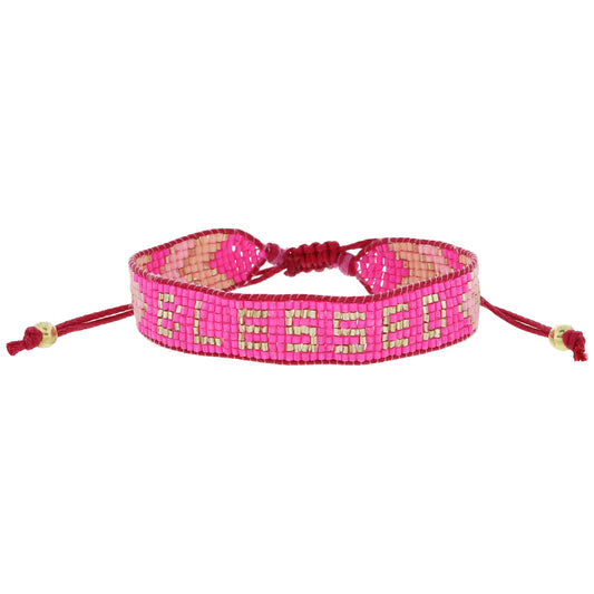 Hot Pink, Light Pink, Peachy Pink, Gold with "BLESSED" Woven Beaded Band Bracelet, .5" Wide