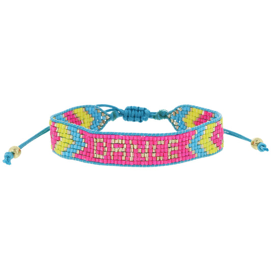 Hot Pink, Bright Blue, Lime, Gold with "DANCE" Woven Beaded Band Bracelet, .5" Wide