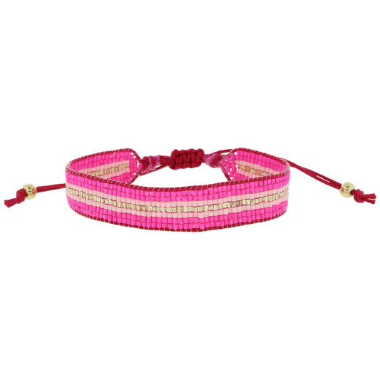 Hot Pink, Light Pink, Gold Stripe Woven Beaded Band Bracelet, .5" Wide