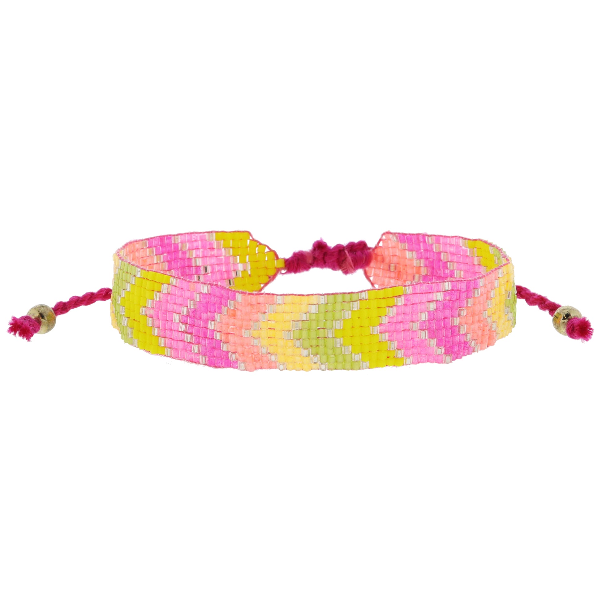 Pink, Hot Pink, Coral, Light Orange, Lime, Yellow with Silver Woven Beaded Band Bracelet, .5" Wide