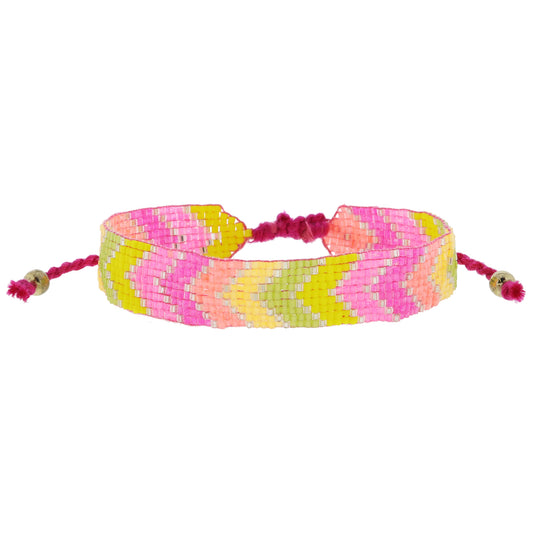 Pink, Hot Pink, Coral, Light Orange, Lime, Yellow with Silver Woven Beaded Band Bracelet, .5" Wide
