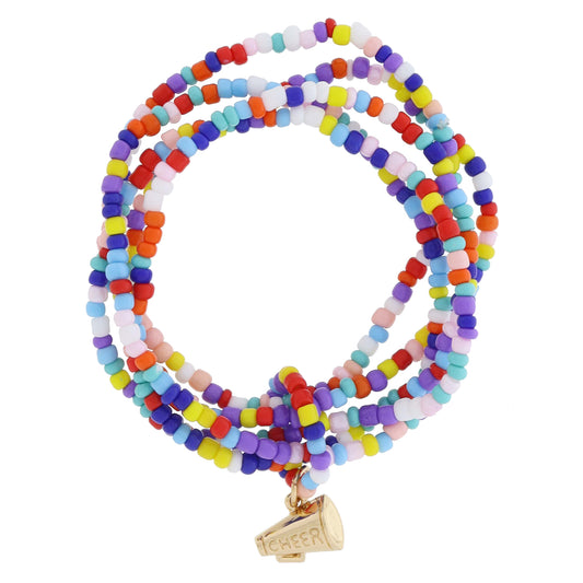 Kids 5 Strand Multi Beaded with Beaded Ring and Gold Cheer Megaphone Charm Bracelet, 6.5" Around