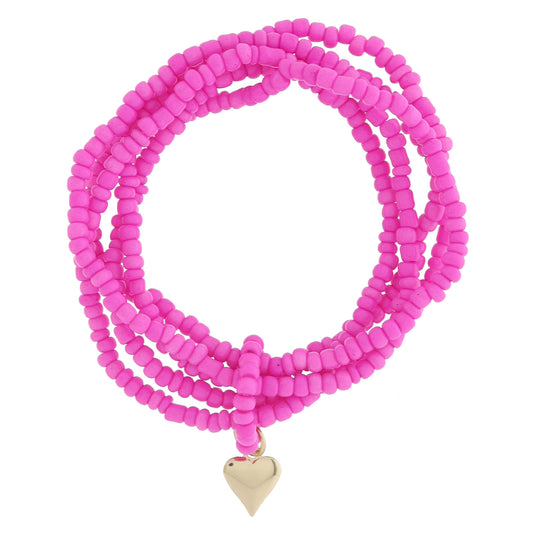 Kids 5 Strand Hot Pink Beaded with Beaded Ring and Gold Heart Charm Bracelet, 6.5" Around