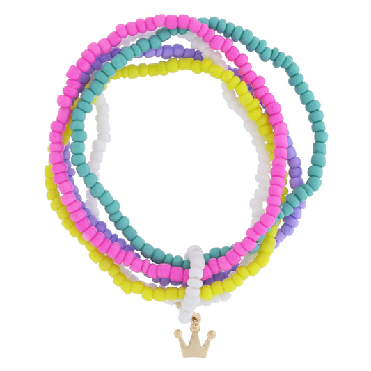 Kids 5 Strand Mint, Pink, Lavender, White, Yellow Beaded with Ring & Crown Bracelet, 6.5" Around