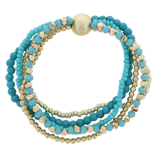 5 Strand Coordinating Turquoise and Gold Beaded with Chunky Textured Gold Ball Bracelet, 8" Around