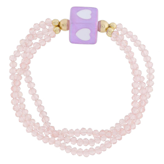Kids 3 Strand Faceted Pink Beaded & Lavender Cube Bead with White Hearts Bracelet, 6.5" Around