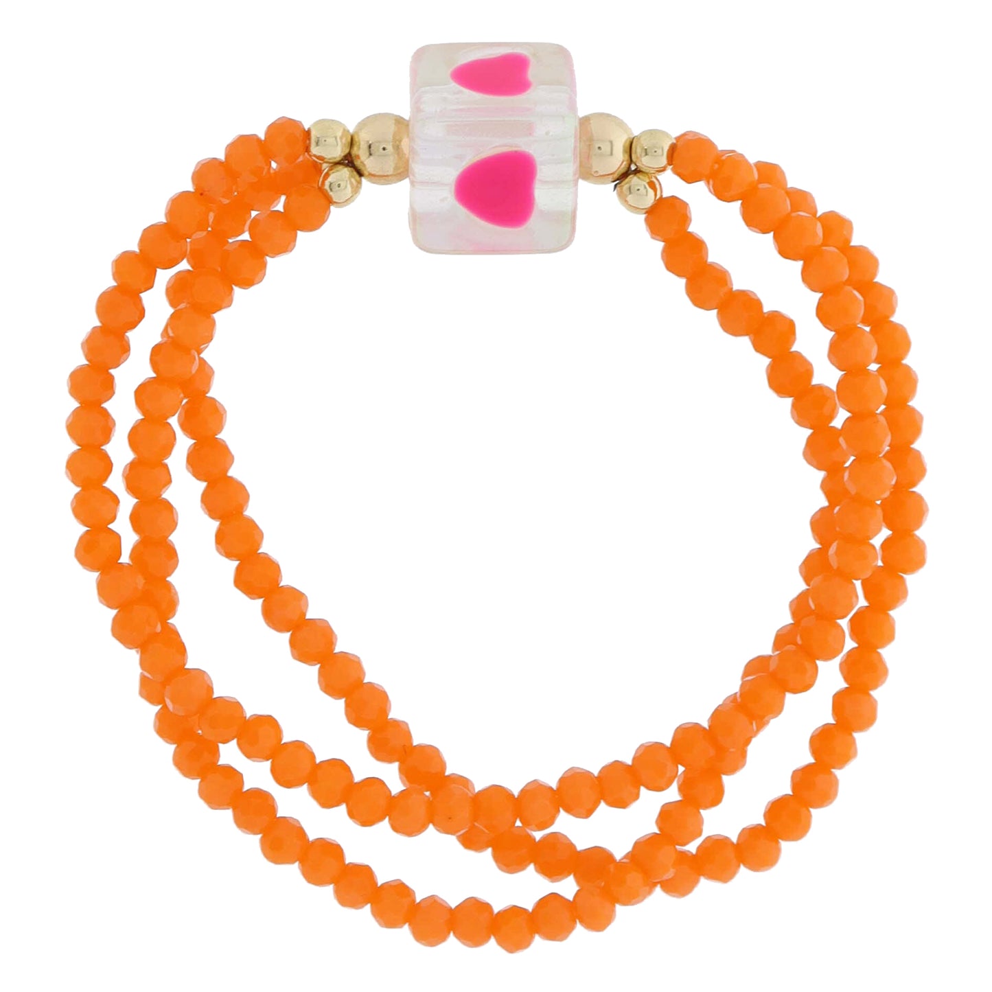 Kids 3 Strand Faceted Orange Beaded & Iridescent Cube Bead with Pink Hearts Bracelet, 6.5" Around