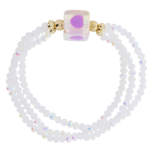 Kids 3 Strand Faceted White Beaded & Iridescent Cube Bead & Lavender Hearts Bracelet, 6.5" Around