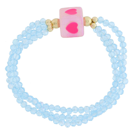 Kids 3 Strand Faceted Aqua Beaded & Iridescent Clear Cube Bead & Pink Hearts Bracelet, 6.5" Around