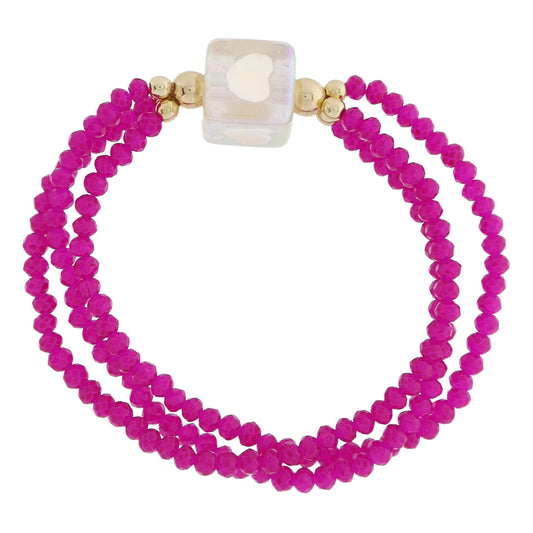 Kids 3 Strand Faceted Fuchsia Beaded & Iridescent Cube Bead & Pink Hearts Bracelet, 6.5" Around