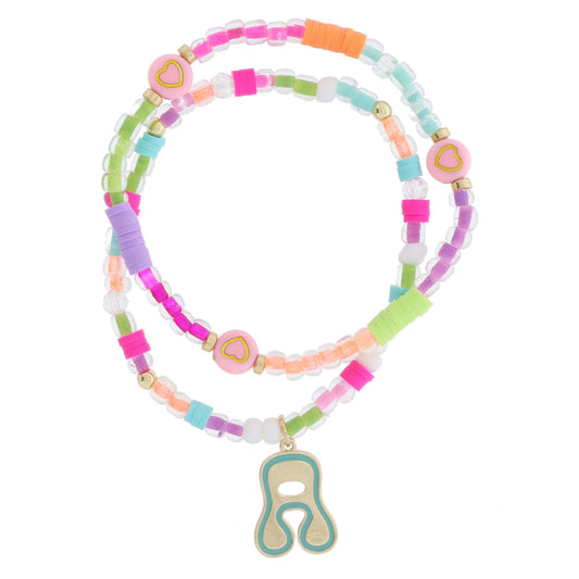 Kids Set of 2, Multi Beaded with Gold Retro Bubble "A" with Turquoise Outline Bracelet, 6.5" Around