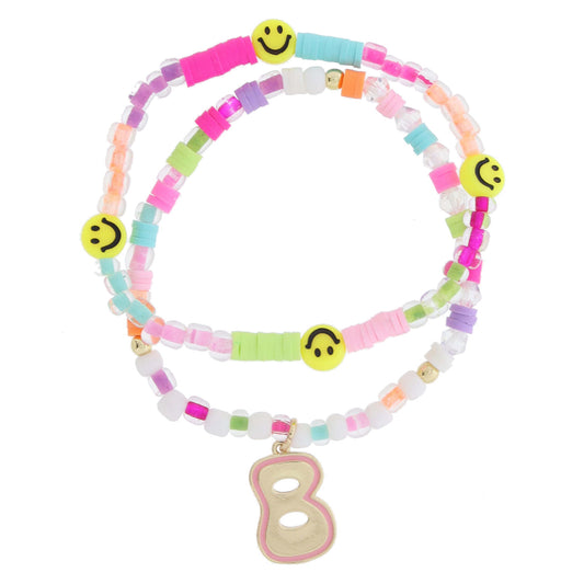 Kids Set of 2, Multi Beaded & Gold Retro Bubble "B" with Light Pink Outline Bracelet, 6.5" Around