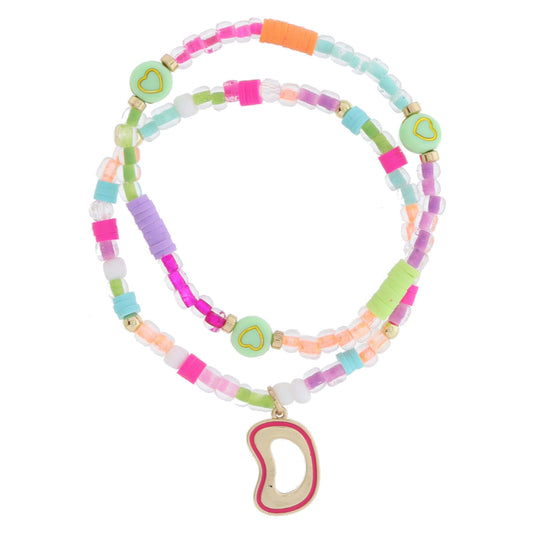 Kids Set of 2, Multi Beaded with Gold Retro Bubble "D" with Hot Pink Outline Bracelet, 6.5" Around
