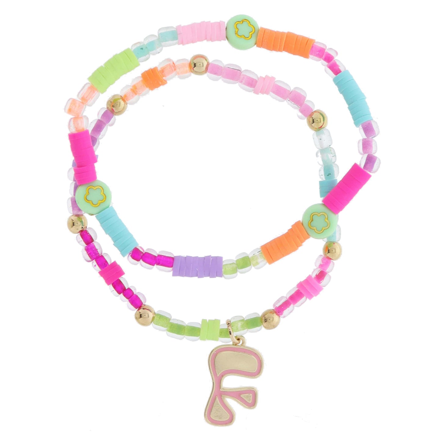 Kids Set of 2, Multi Beaded & Gold Retro Bubble "F" with Light Pink Outline Bracelet, 6.5" Around