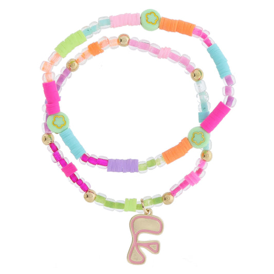 Kids Set of 2, Multi Beaded & Gold Retro Bubble "F" with Light Pink Outline Bracelet, 6.5" Around