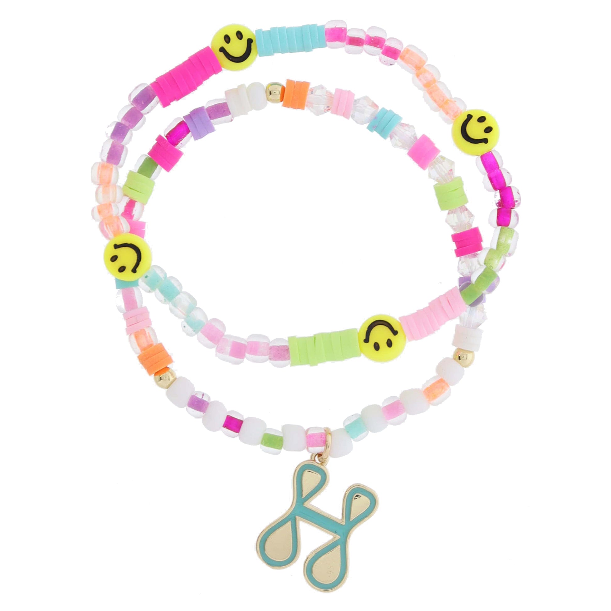 Kids Set of 2, Multi Beaded with Gold Retro Bubble "H" with Turquoise Outline Bracelet, 6.5" Around
